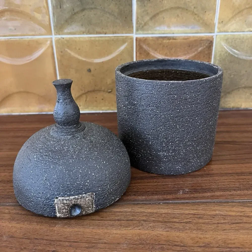 Vintage Stoneware Pottery Signed Tea Trinket Container With Lid Greek